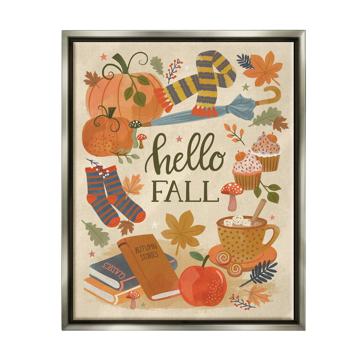 Stupell Industries Hello Fall Cozy Autumn Items Framed Floater Canvas Wall Art